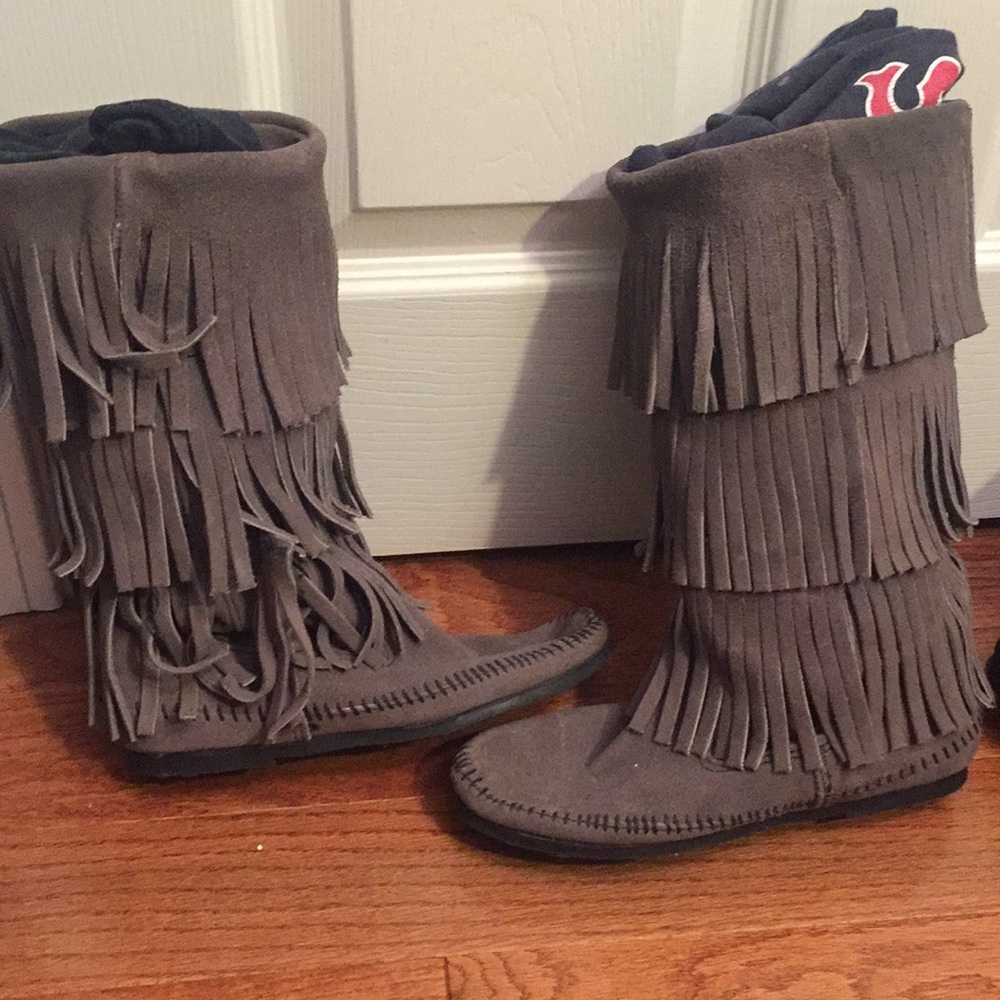 Grey Minnetonka Fringe Boots